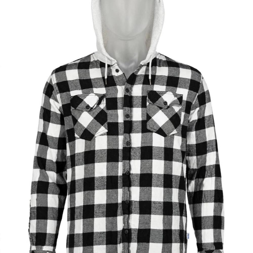 Hurley Flannel Hooded Shirt Mens XL Black/White Buffalo Plaid Button Up Shacket